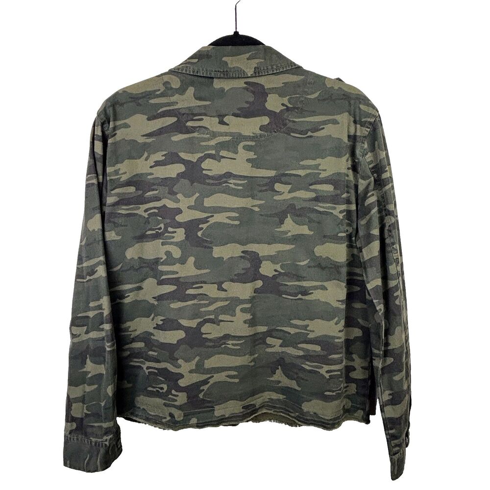 Sanctuary Fray Hem Utility Jacket Green Camo Cotton Canvas Snap Front Military M - Picture 7 of 13
